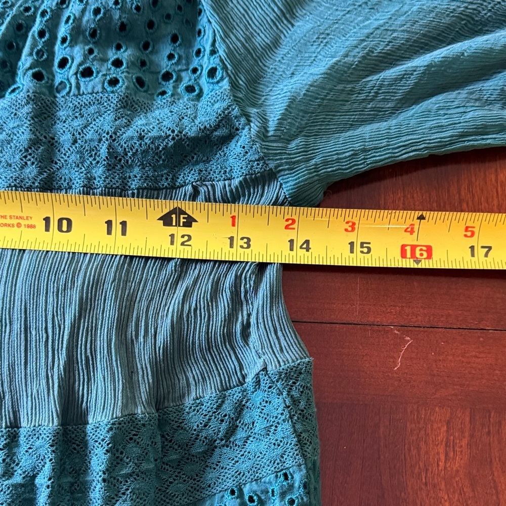 Sundance Romatic Boho Adore Moi Long Sleeve Midi Eyelet Sheer Pacific Blue Dress - Picture 8 of 12